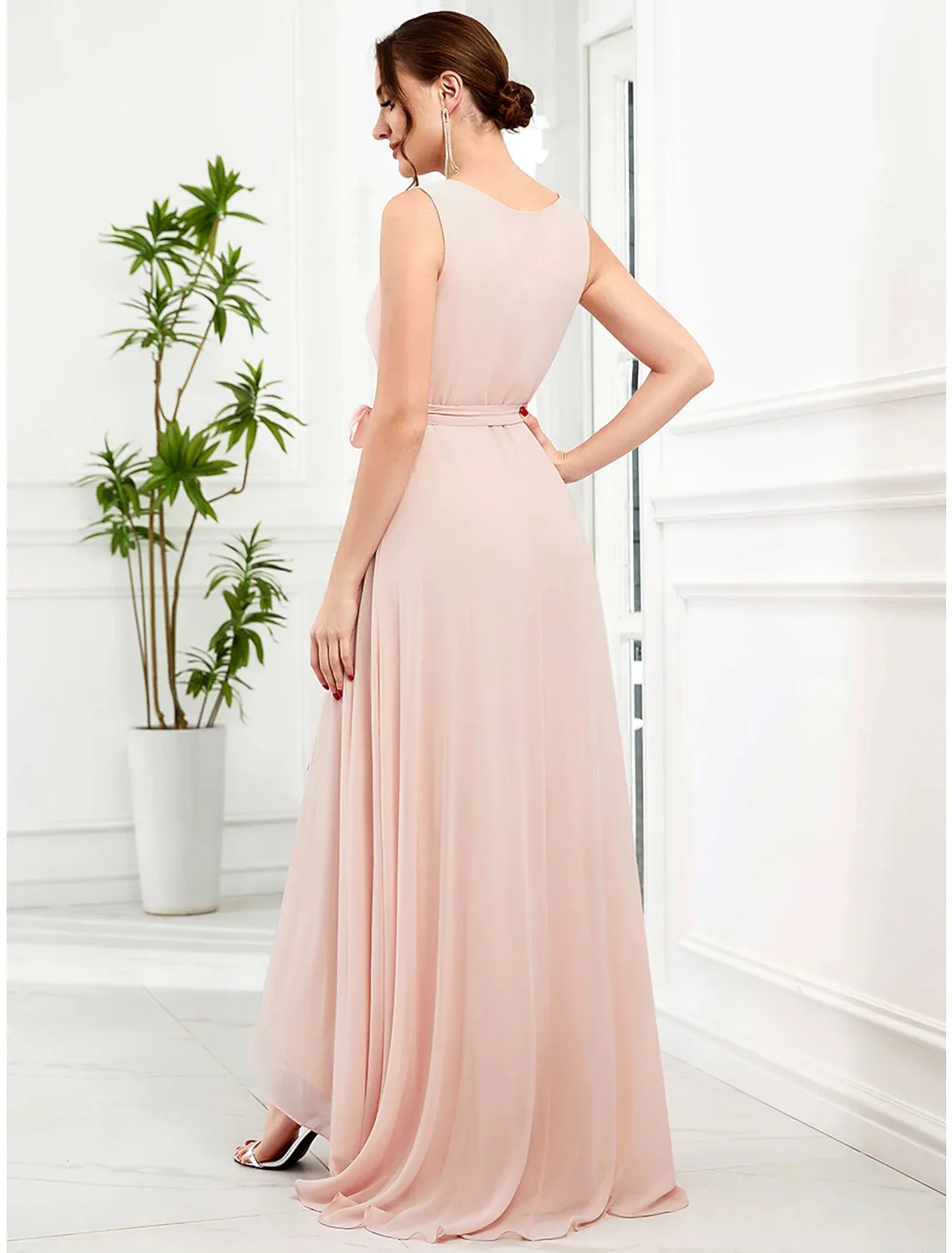 A-Line Wedding Guest Dresses Elegant Dress Party Wear Wedding Party Asymmetrical Sleeveless V Neck Bridesmaid Dress Chiffon with Ruffles Strappy