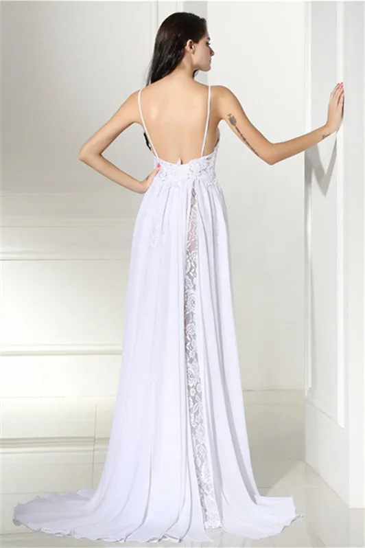 A-line White Evening Dresses Straps Chiffon Long Formal Dresses