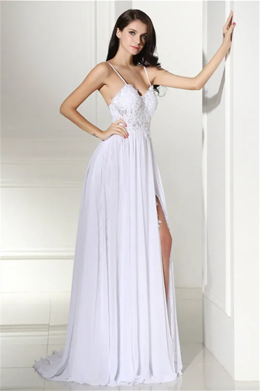 A-line White Evening Dresses Straps Chiffon Long Formal Dresses