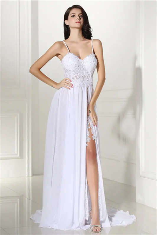 A-line White Evening Dresses Straps Chiffon Long Formal Dresses