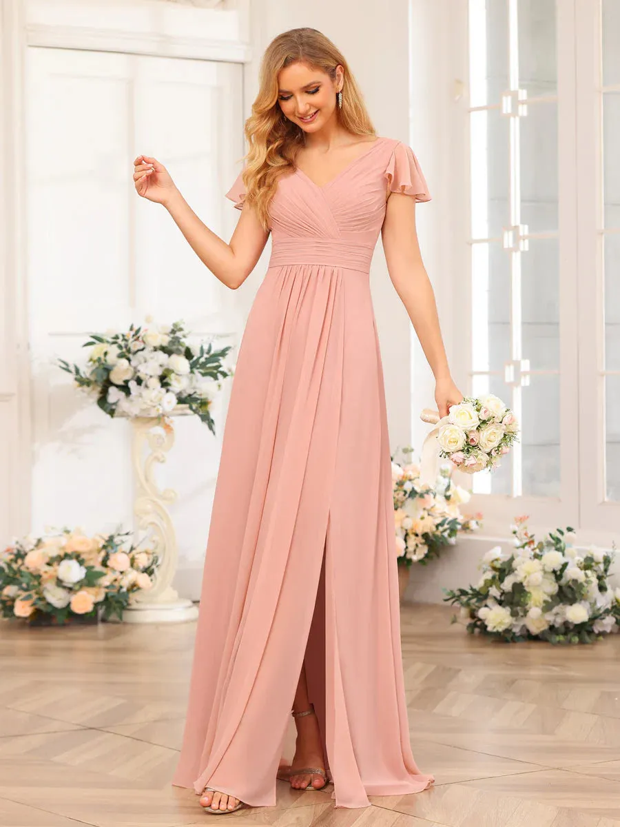 A-Line/Princess V-Neck Long Wedding Party Dresses With Split Side & Pockets