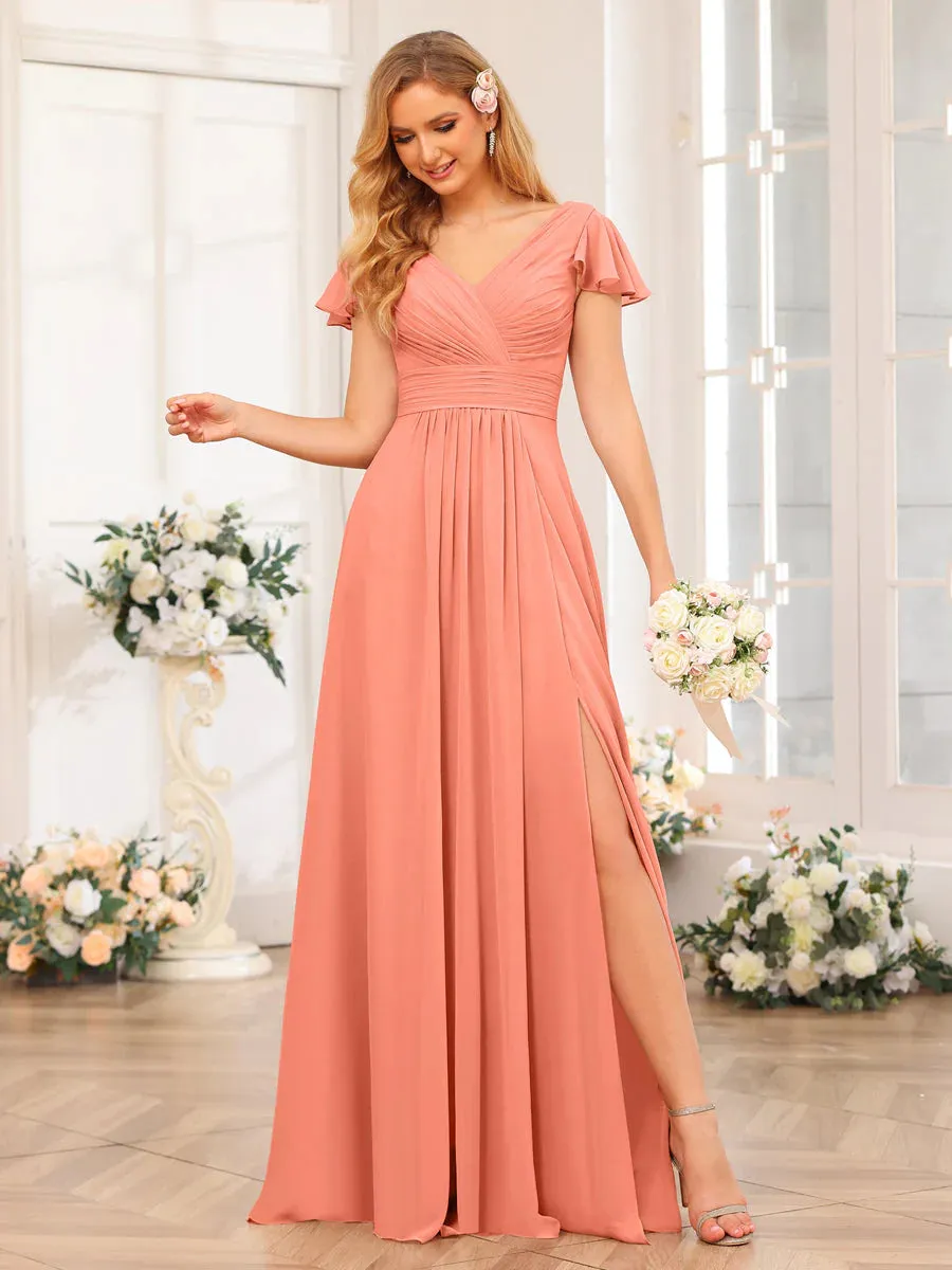 A-Line/Princess V-Neck Long Wedding Party Dresses With Split Side & Pockets