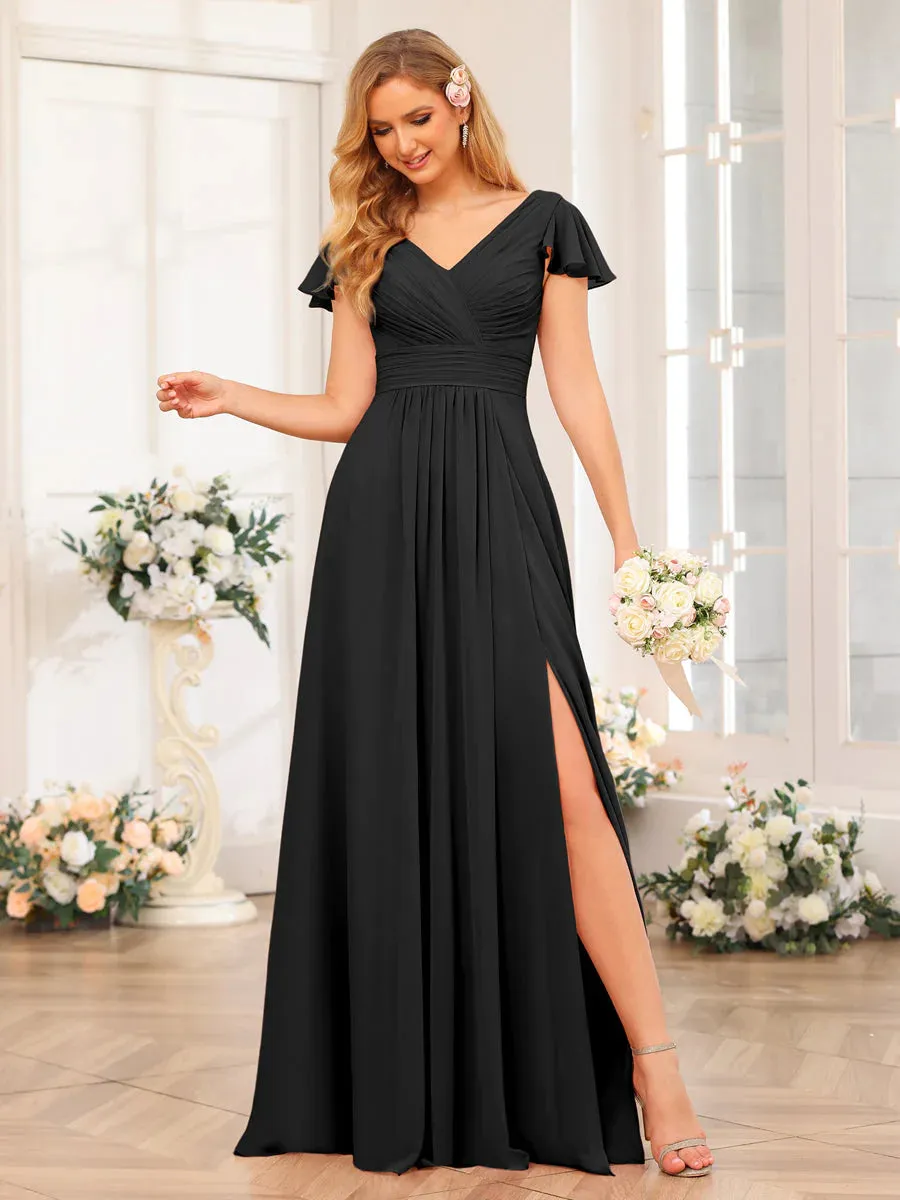 A-Line/Princess V-Neck Long Wedding Party Dresses With Split Side & Pockets