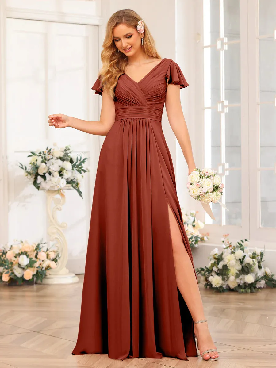 A-Line/Princess V-Neck Long Wedding Party Dresses With Split Side & Pockets