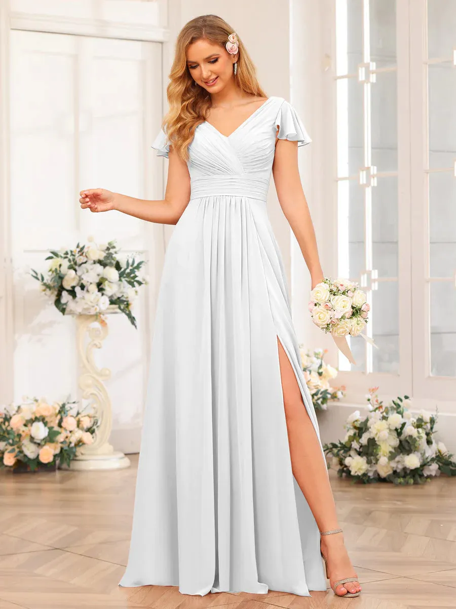 A-Line/Princess V-Neck Long Wedding Party Dresses With Split Side & Pockets