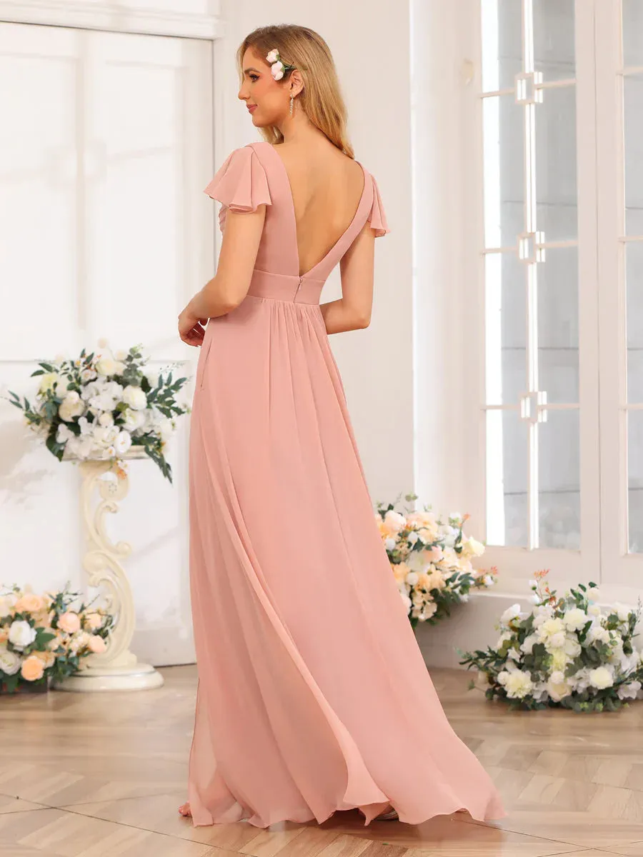 A-Line/Princess V-Neck Long Wedding Party Dresses With Split Side & Pockets