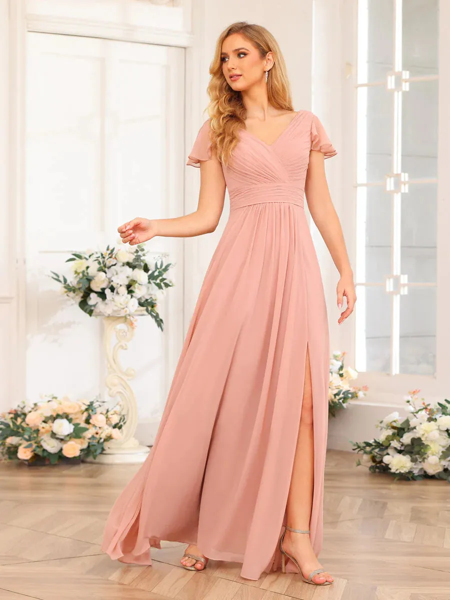 A-Line/Princess V-Neck Long Wedding Party Dresses With Split Side & Pockets