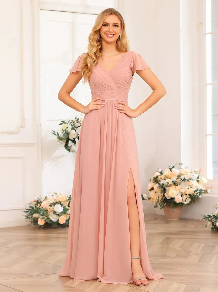 A-Line/Princess V-Neck Long Wedding Party Dresses With Split Side & Pockets