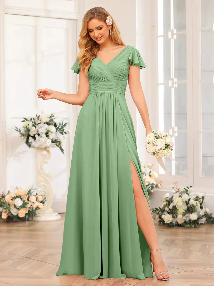 A-Line/Princess V-Neck Long Wedding Party Dresses With Split Side & Pockets