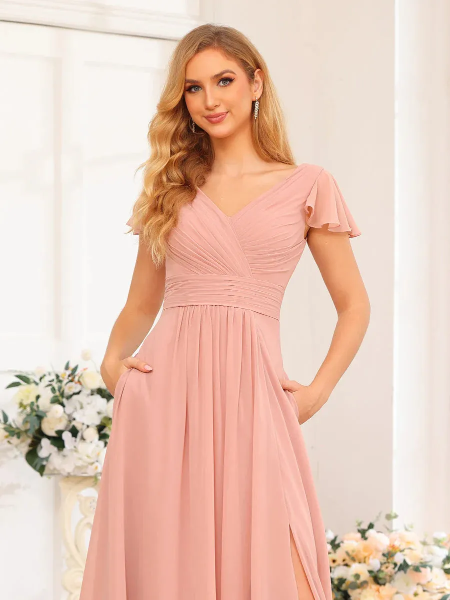 A-Line/Princess V-Neck Long Wedding Party Dresses With Split Side & Pockets