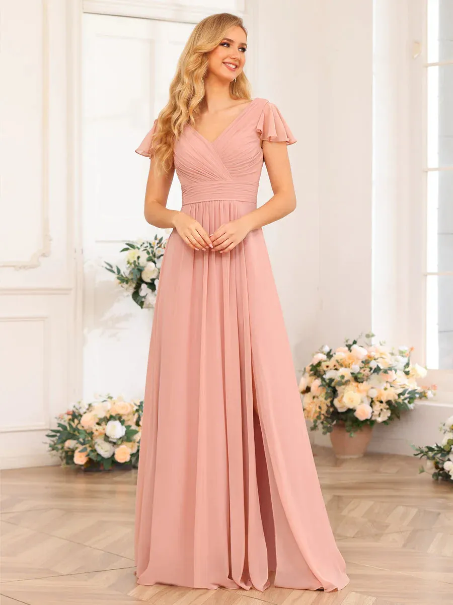 A-Line/Princess V-Neck Long Wedding Party Dresses With Split Side & Pockets