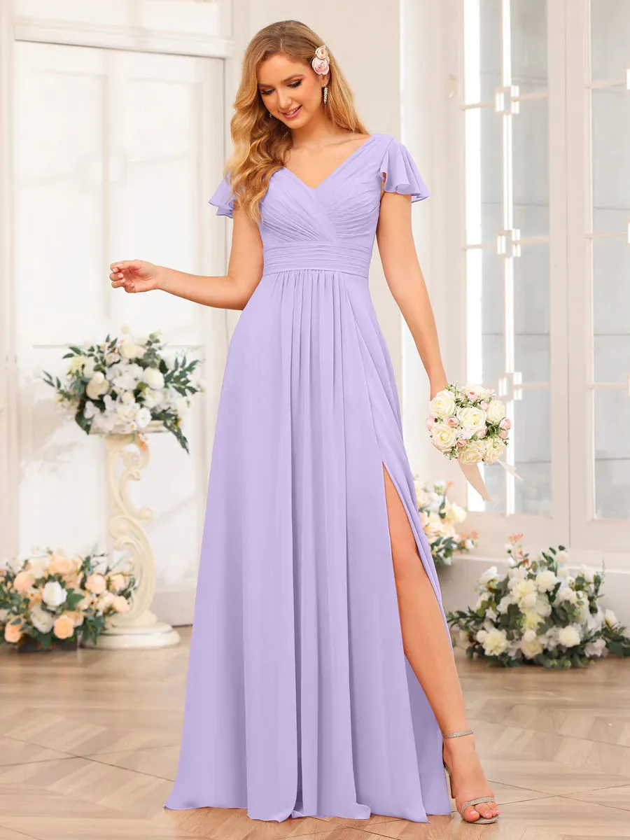 A-Line/Princess V-Neck Long Wedding Party Dresses With Split Side & Pockets