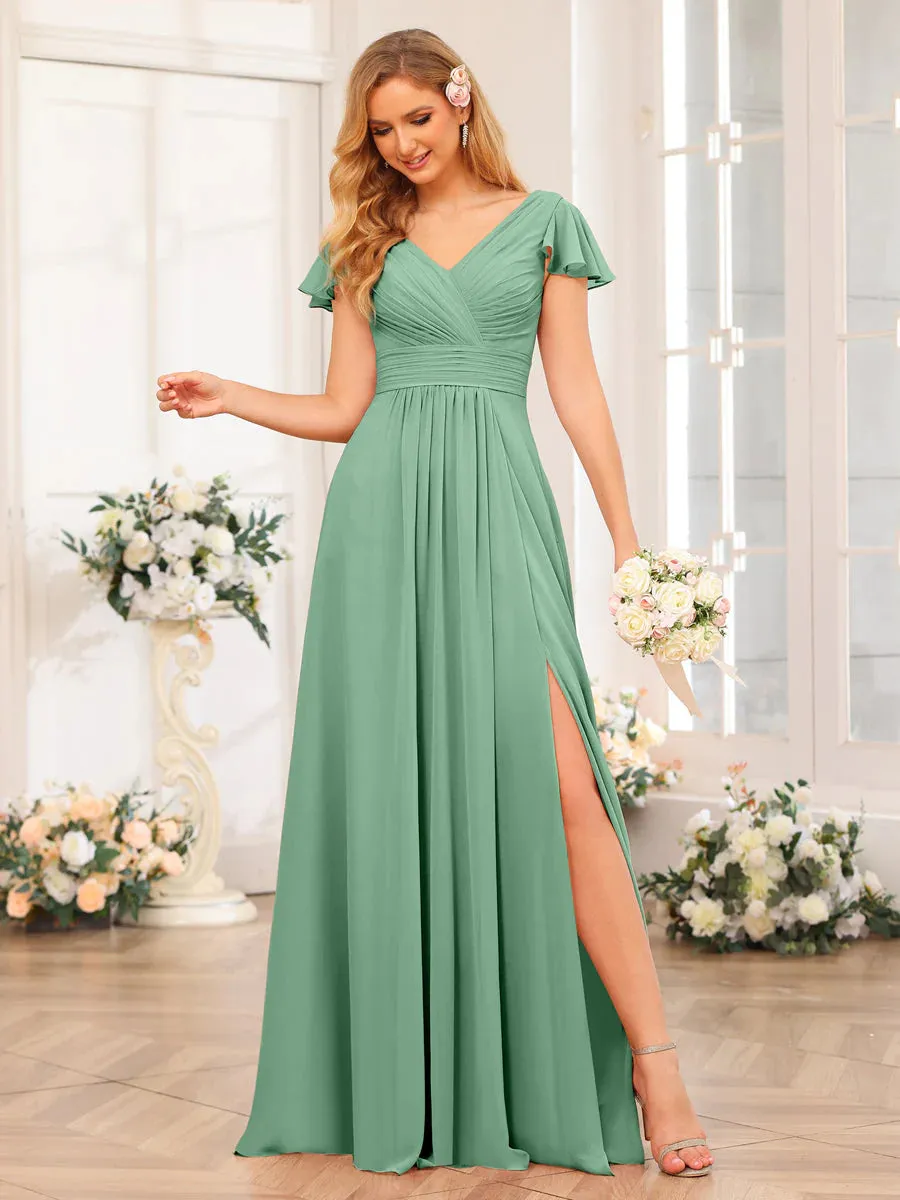 A-Line/Princess V-Neck Long Wedding Party Dresses With Split Side & Pockets