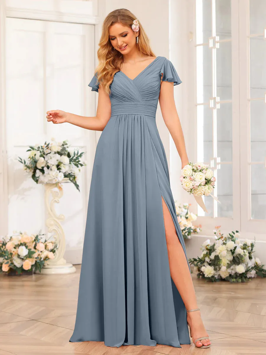 A-Line/Princess V-Neck Long Wedding Party Dresses With Split Side & Pockets