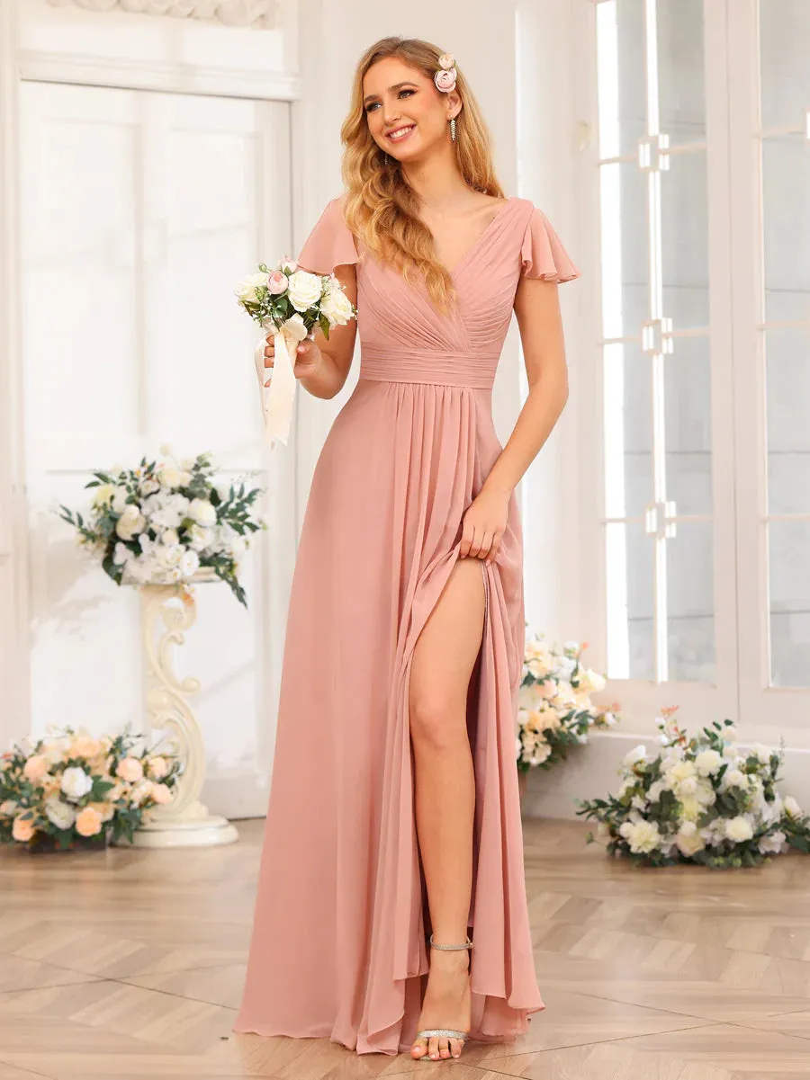 A-Line/Princess V-Neck Long Wedding Party Dresses With Split Side & Pockets