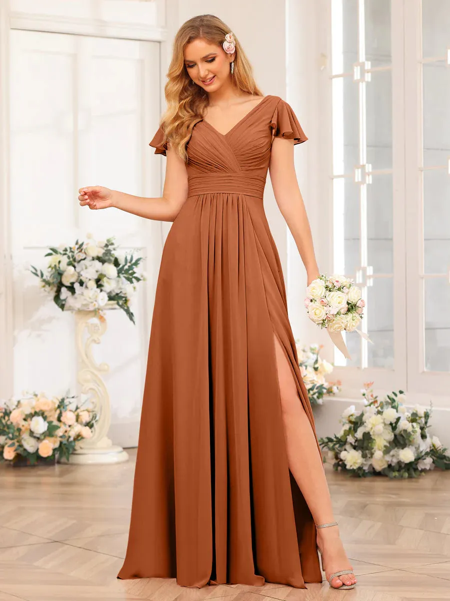 A-Line/Princess V-Neck Long Wedding Party Dresses With Split Side & Pockets