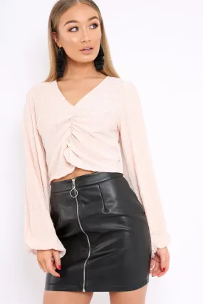 Apricot Plisse Ruched Front Crop Top - Karen