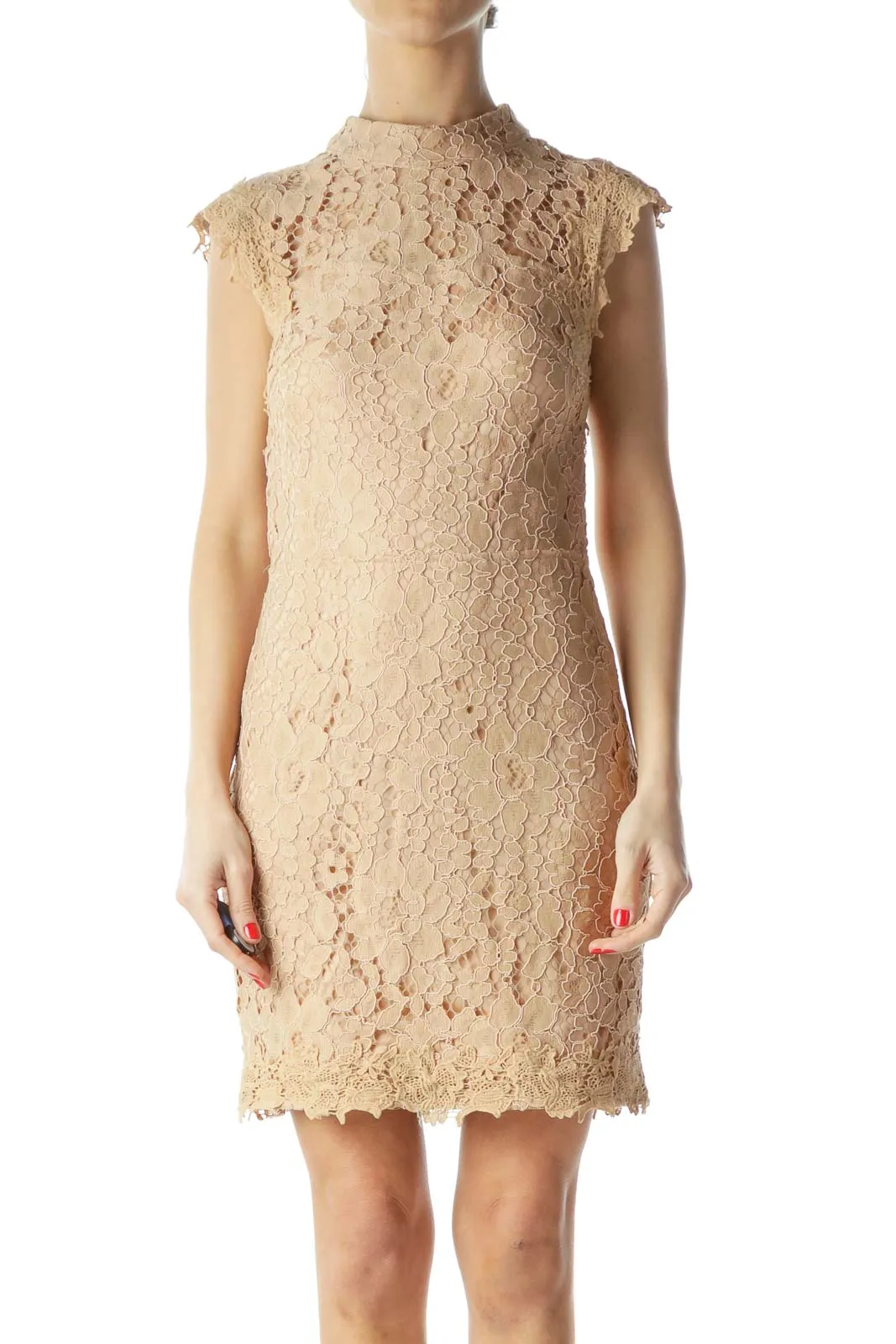 Beige Lace Open-Back Evening Dress