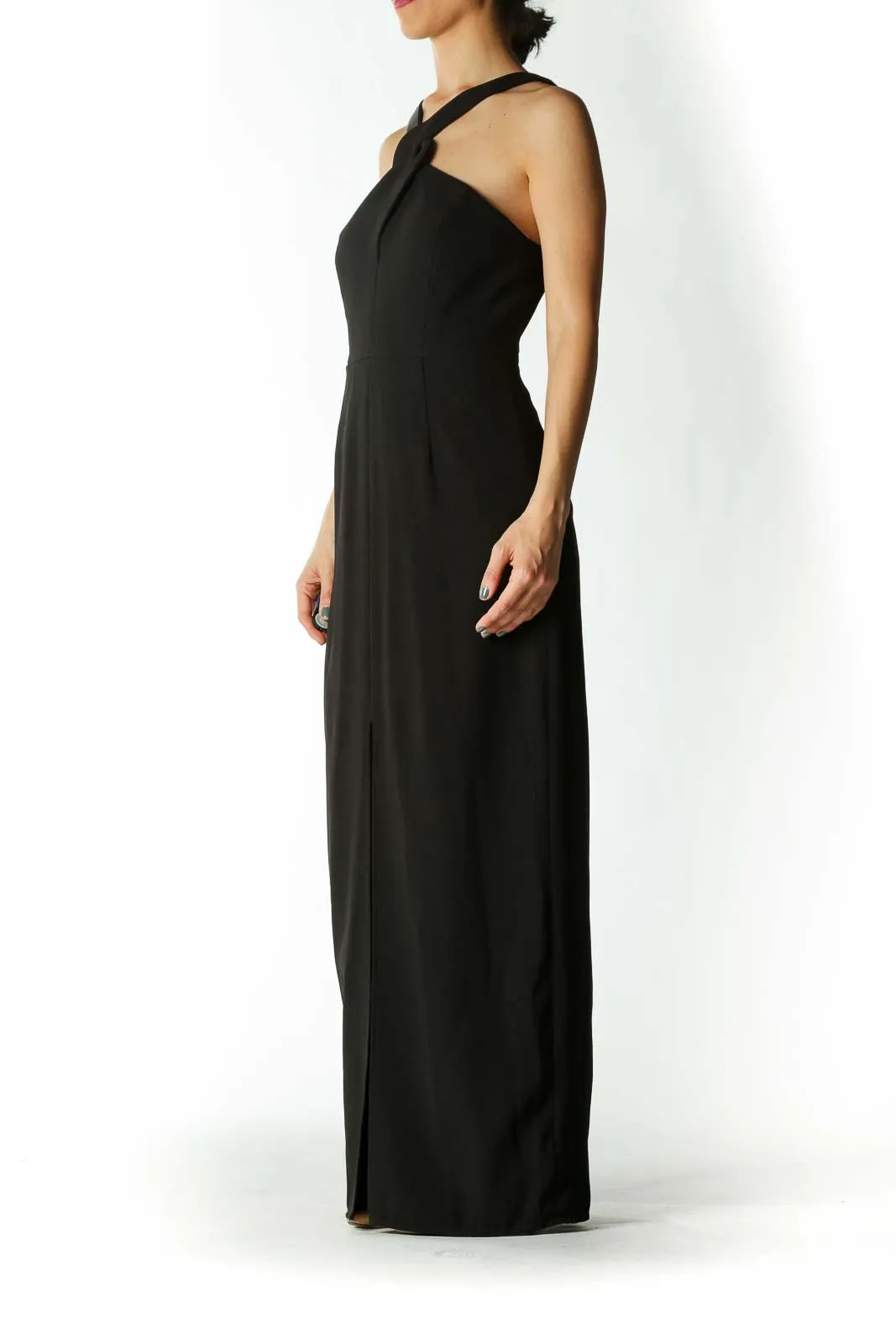 Black Cross-Back Narrow V-neck Evening Dress with Slit