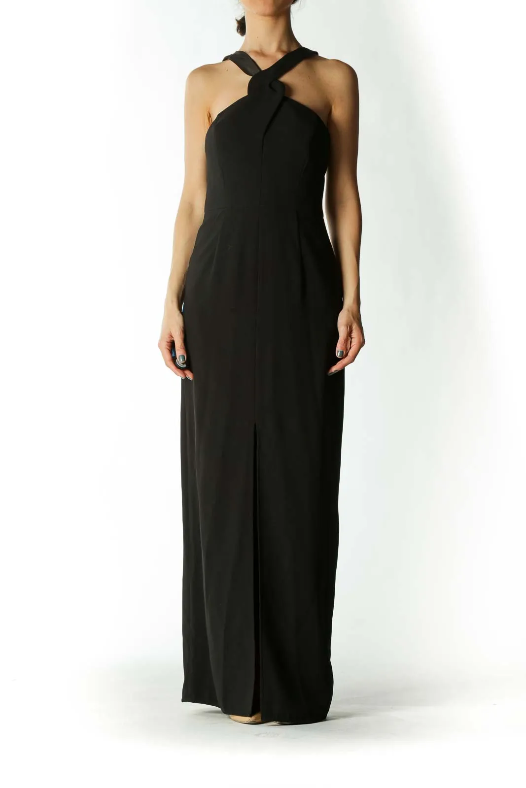 Black Cross-Back Narrow V-neck Evening Dress with Slit