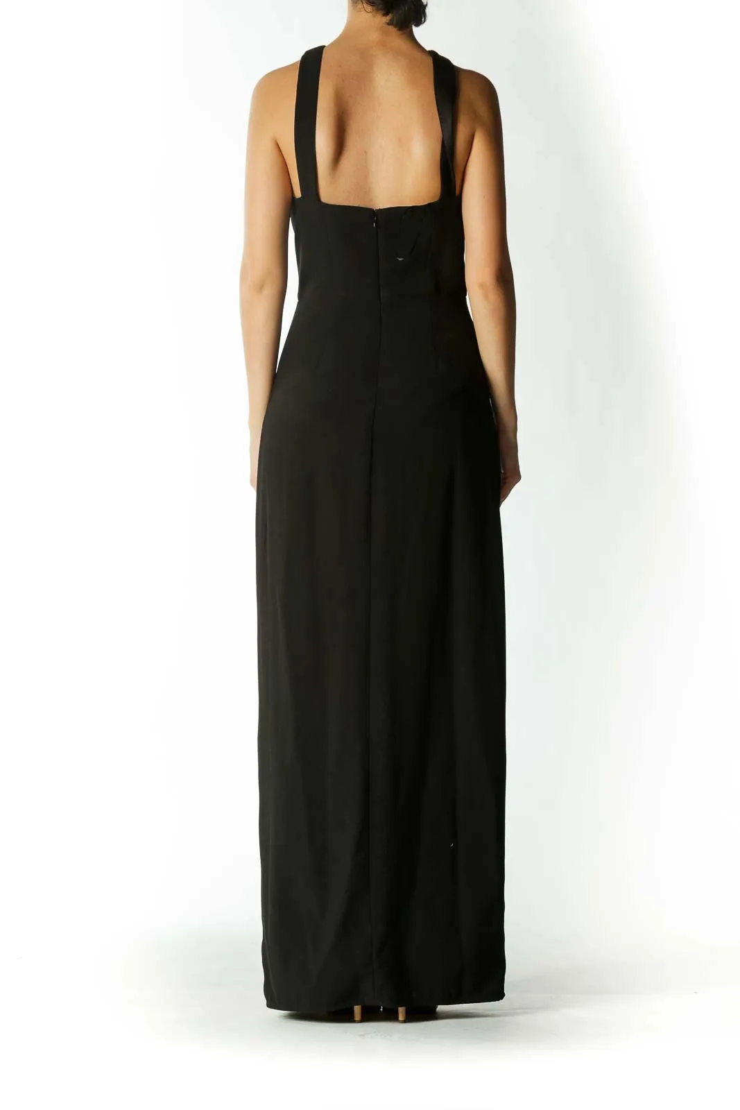 Black Cross-Back Narrow V-neck Evening Dress with Slit