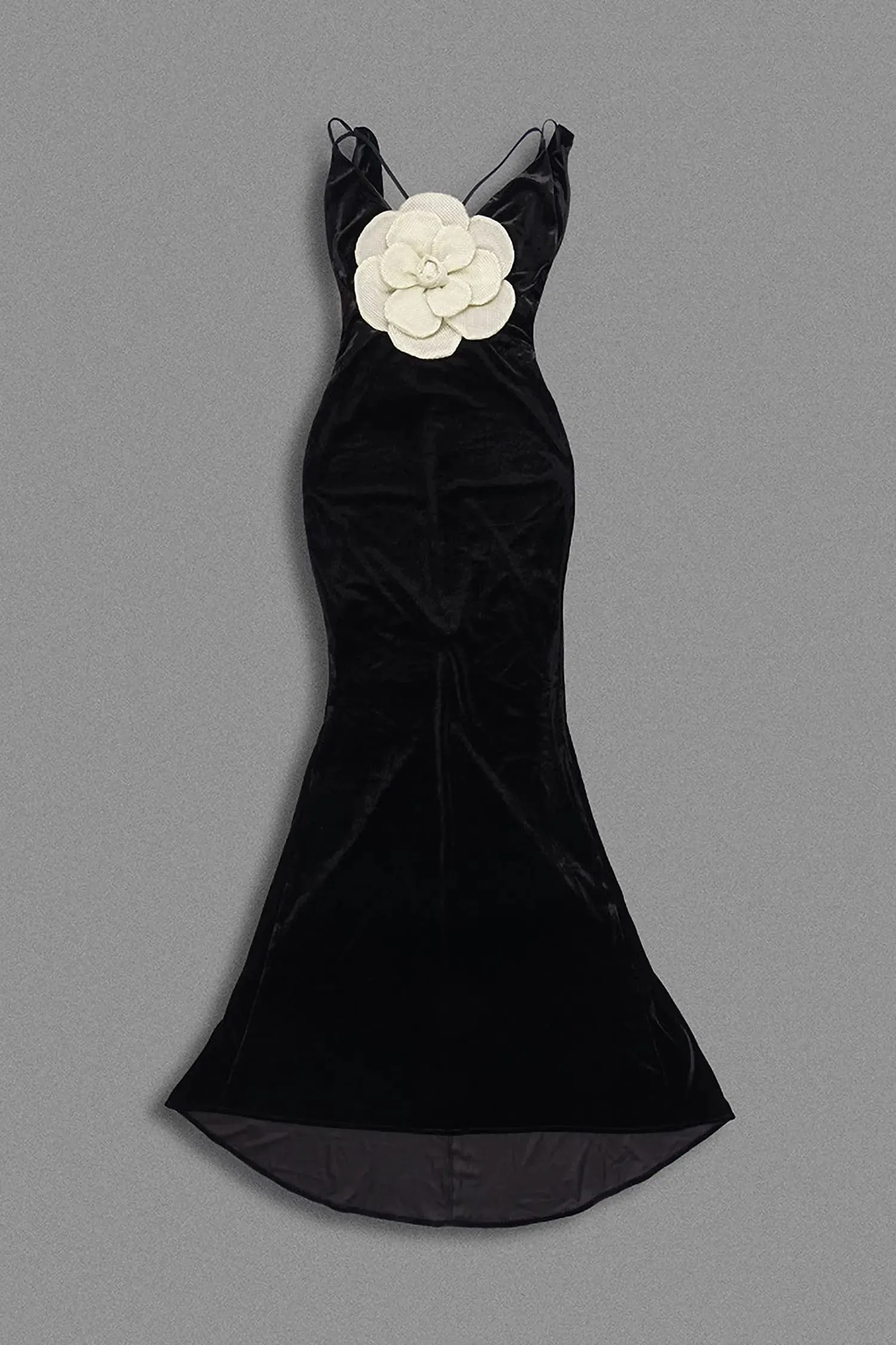 Black Velvet V-Neck 3D Floral Mermaid Dress