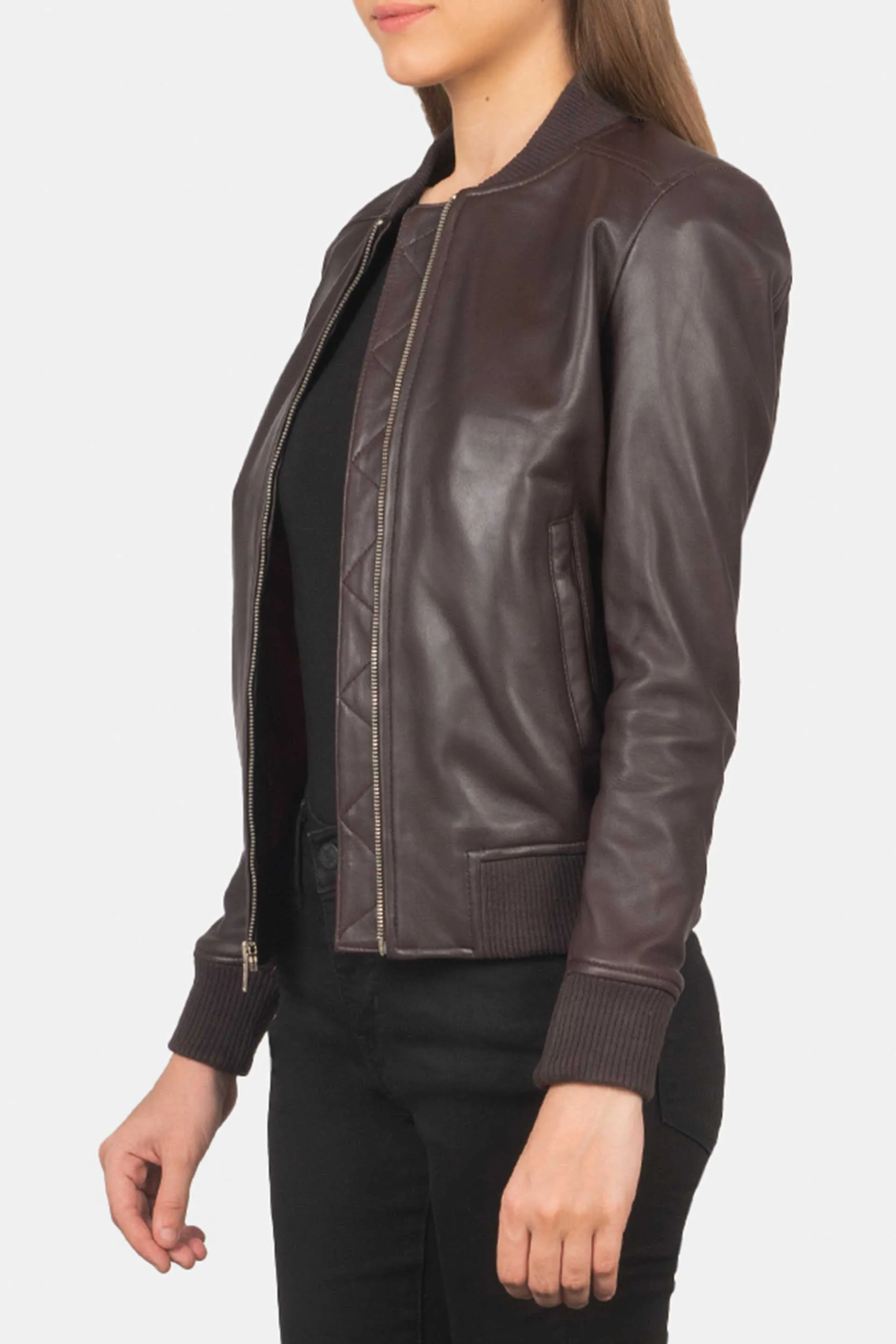 Bliss Brownish Maroon Leather Bomber Women Jacket