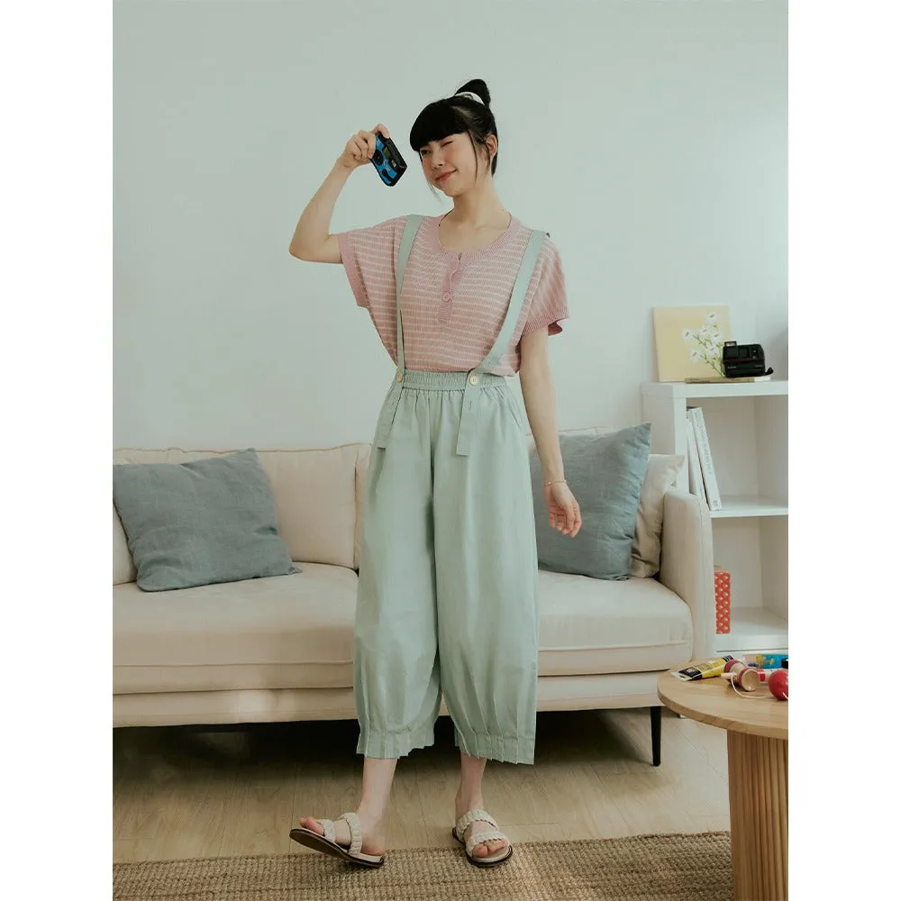 Casual Pleated Loose Cotton Suspender Jumpsuit Pants