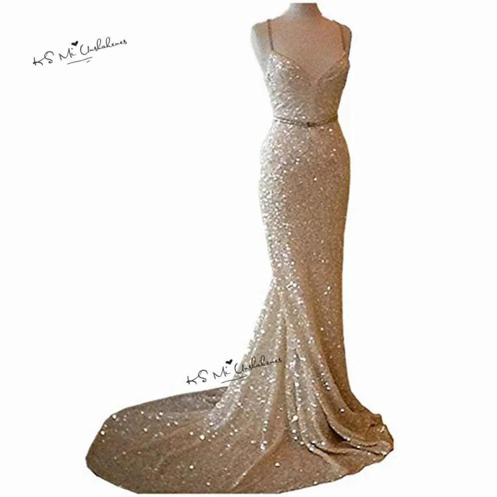 Champagne Gold Sequined Mermaid Evening Dresses Long Sparky Sweep Train Sexy Prom Party Dress Gowns