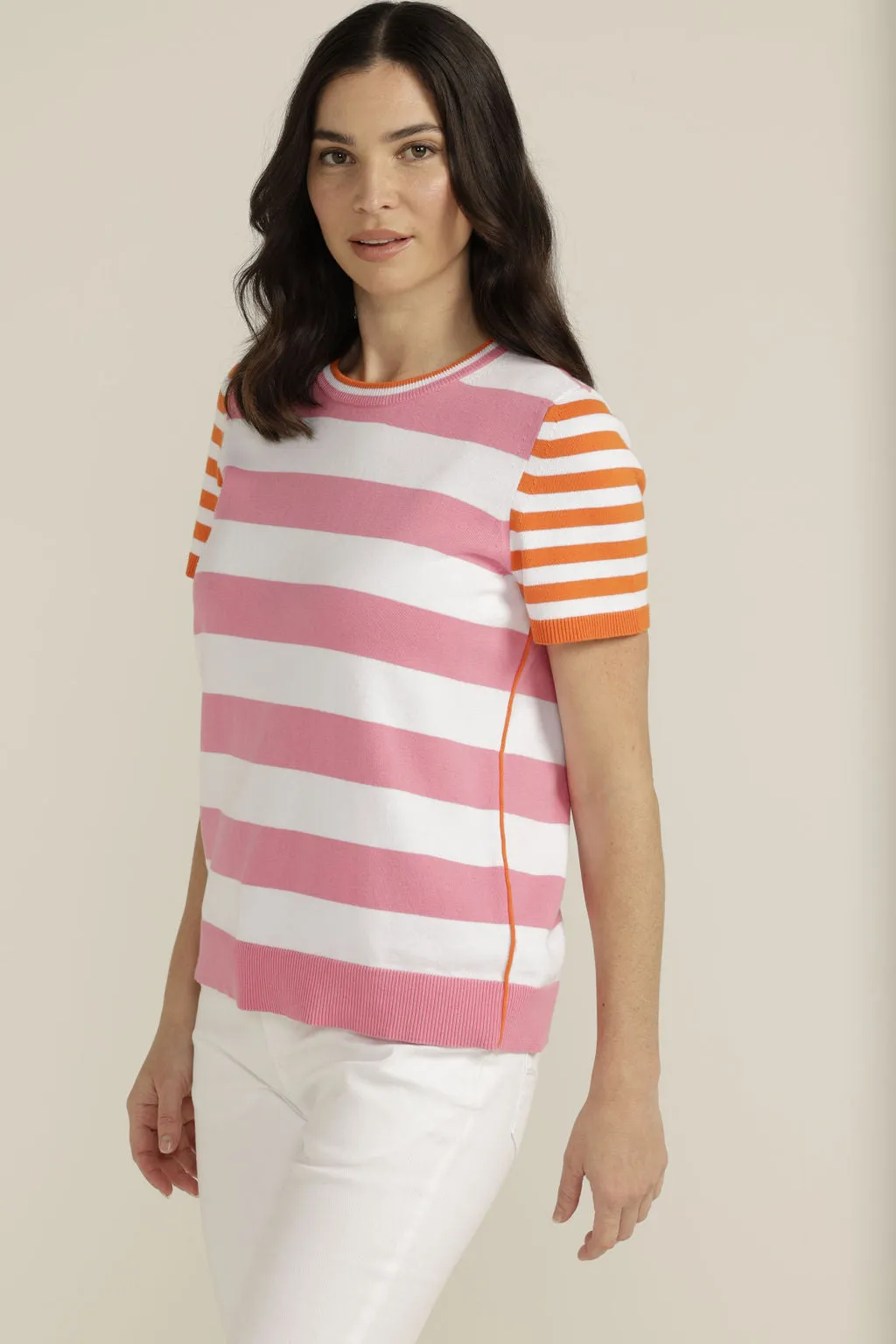 Cotton Multi Stripe Knit Top White/Pink/Orange