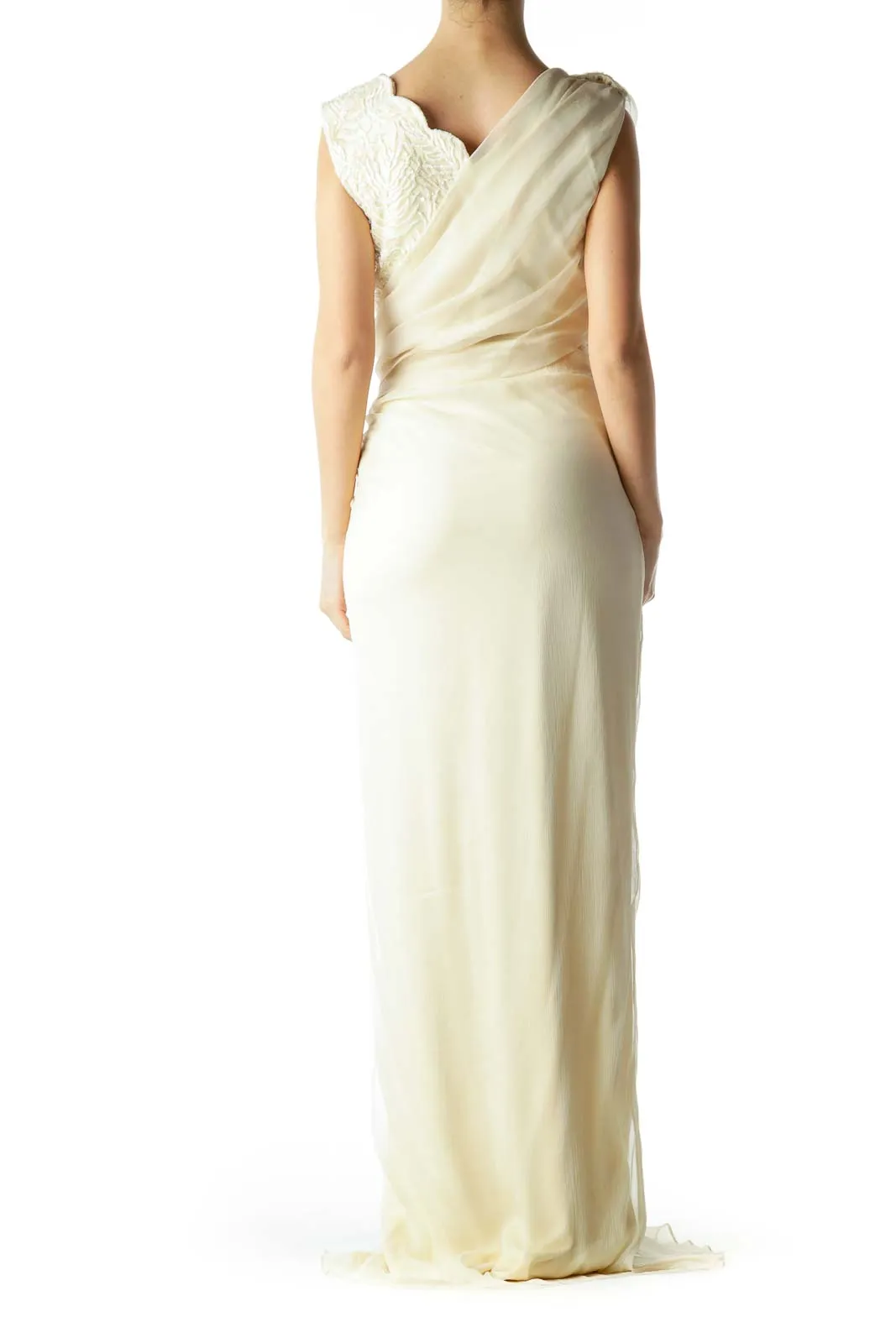 Cream Beaded Silk Embroidered Evening Gown