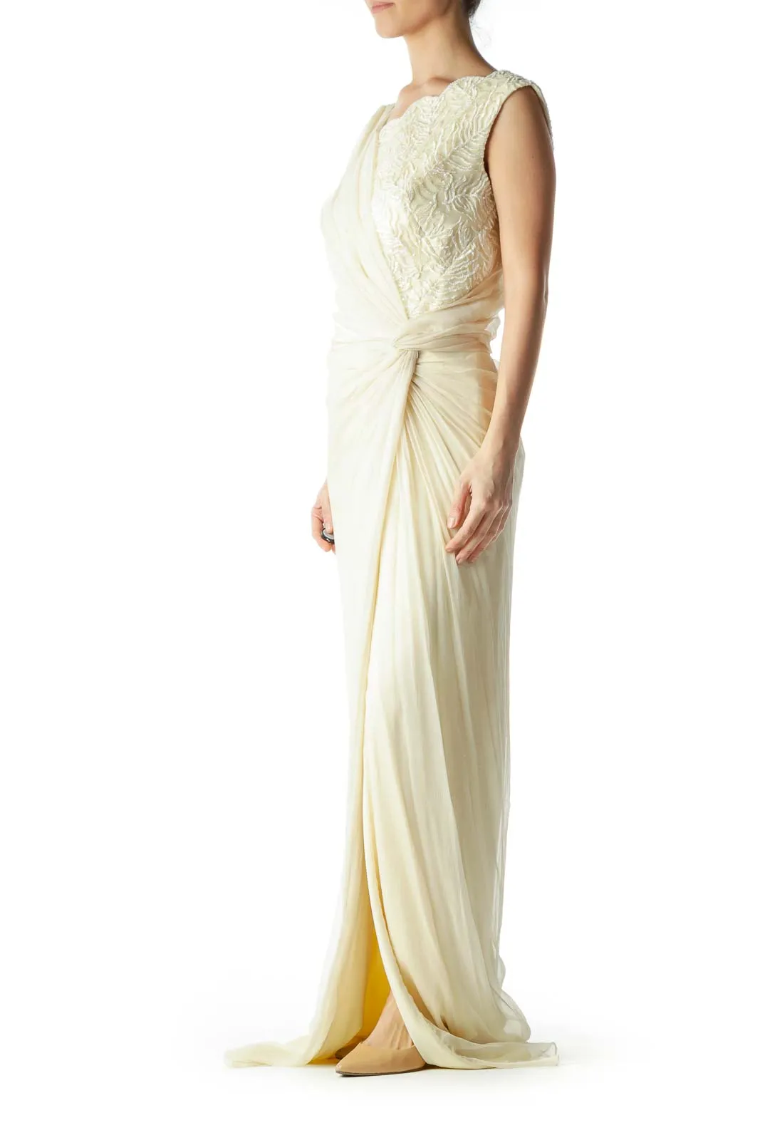 Cream Beaded Silk Embroidered Evening Gown