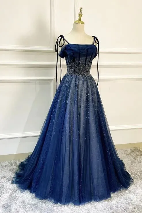 Dark Blue Tulle Sequin Long Prom Dresses A Line Birthday Party Dresses