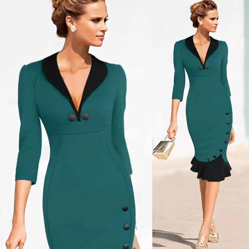 Deep V-neck Slim Mermaid Knee-length Office Dress