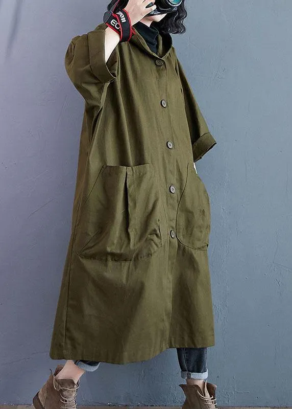 Elegant Army Green Pockets Button Fall Hooded Long sleeve Trench Coats QS061