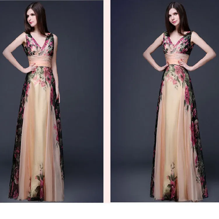 Elegant Flower Print Pleated Long Dress