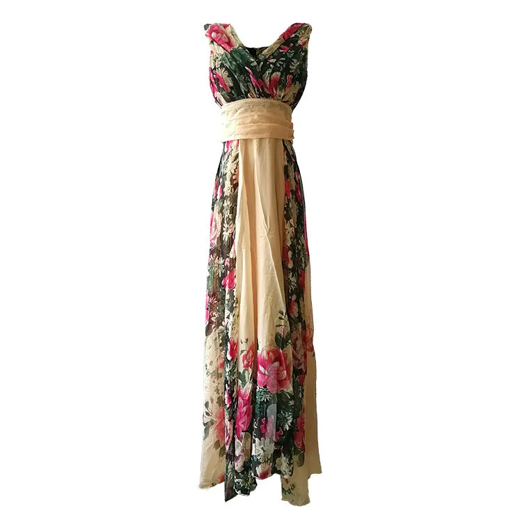 Elegant Flower Print Pleated Long Dress