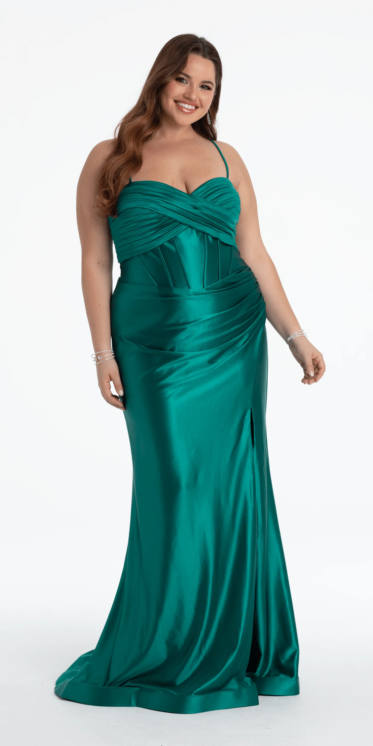 Foil Satin Twist Bodice Corset Column Dress with Side Slit