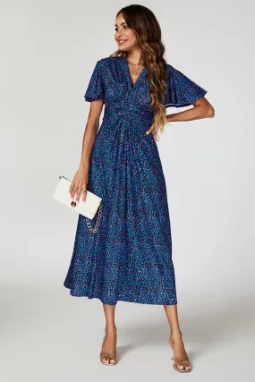 FS Collection Animal Print Angel Sleeve Twist Maxi Dress In Blue