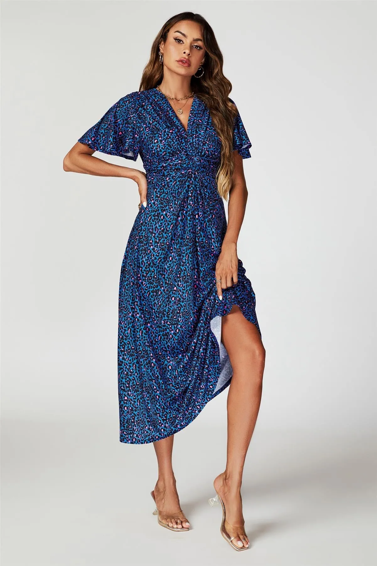 FS Collection Animal Print Angel Sleeve Twist Maxi Dress In Blue