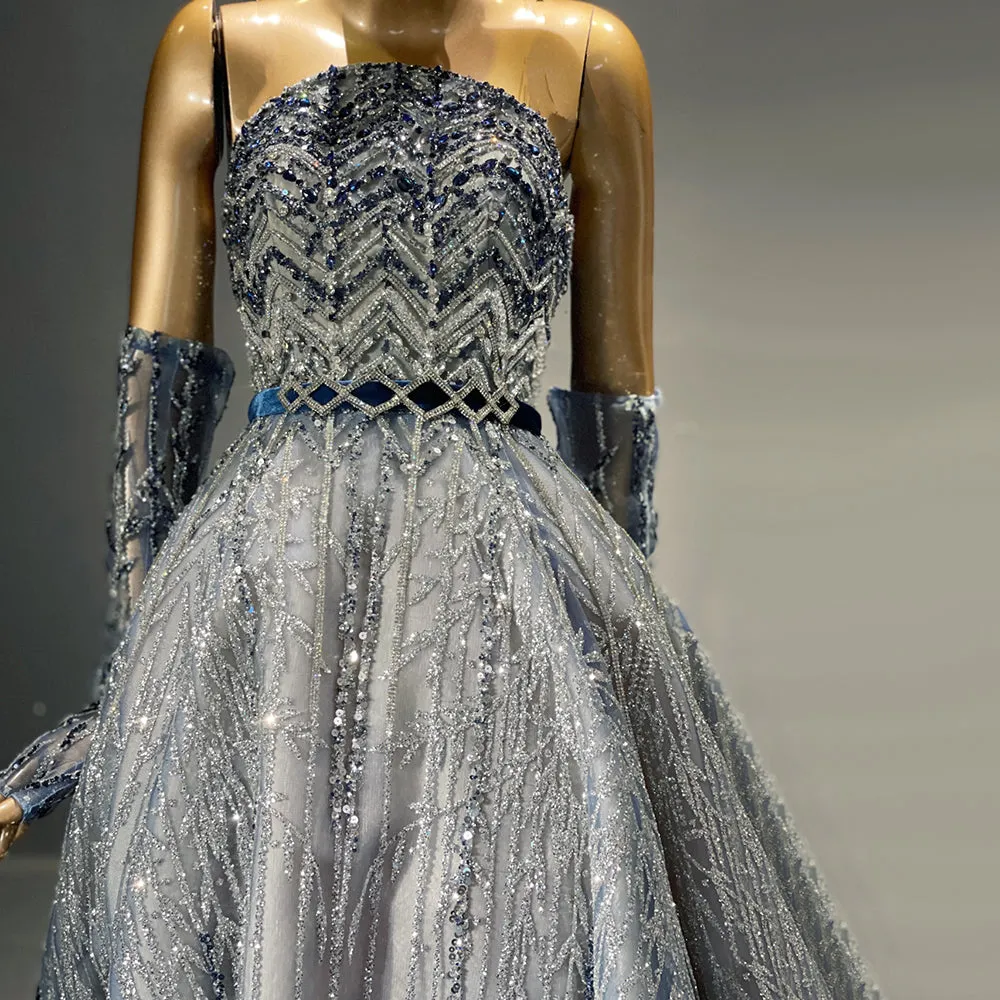 Glitter Crystal Beaded Blue Evening Dress with Sleeves SS552