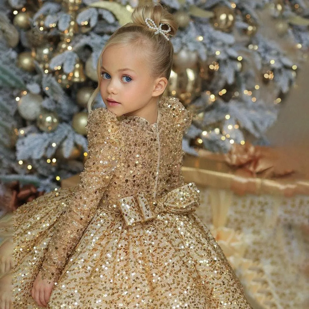 Gold Sequin Backless Flower Girl Dress