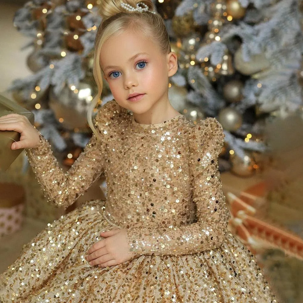 Gold Sequin Backless Flower Girl Dress