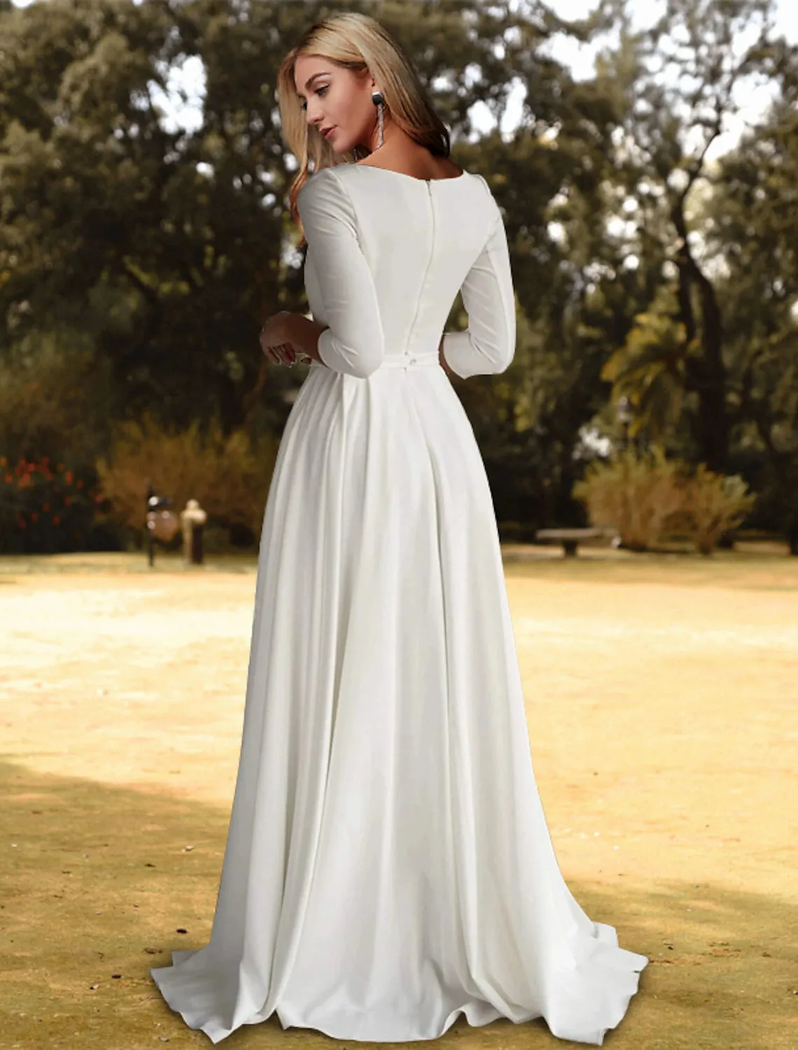 Hall Casual Fall Wedding Dresses A-Line Scoop Neck 3/4 Length Sleeve Sweep / Brush Train Stretch Fabric Bridal Gowns With Pleats Solid Color Summer Wedding Party