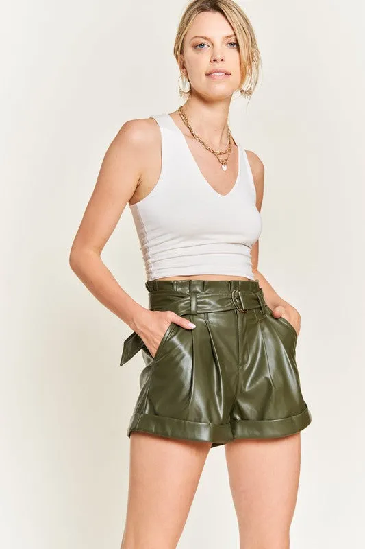 High-rise waist Belted Faux Leather Short