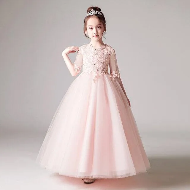 Ivory Lace Long Sleeve Flower Girl Gown