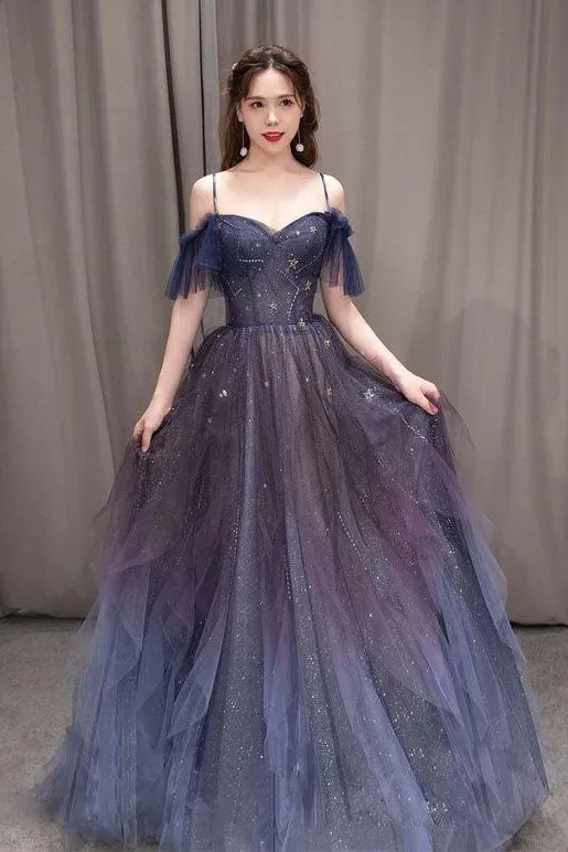 kamahe A-line Dark Purple Ombre Tulle Evening Party Dresses Long Prom Dresses