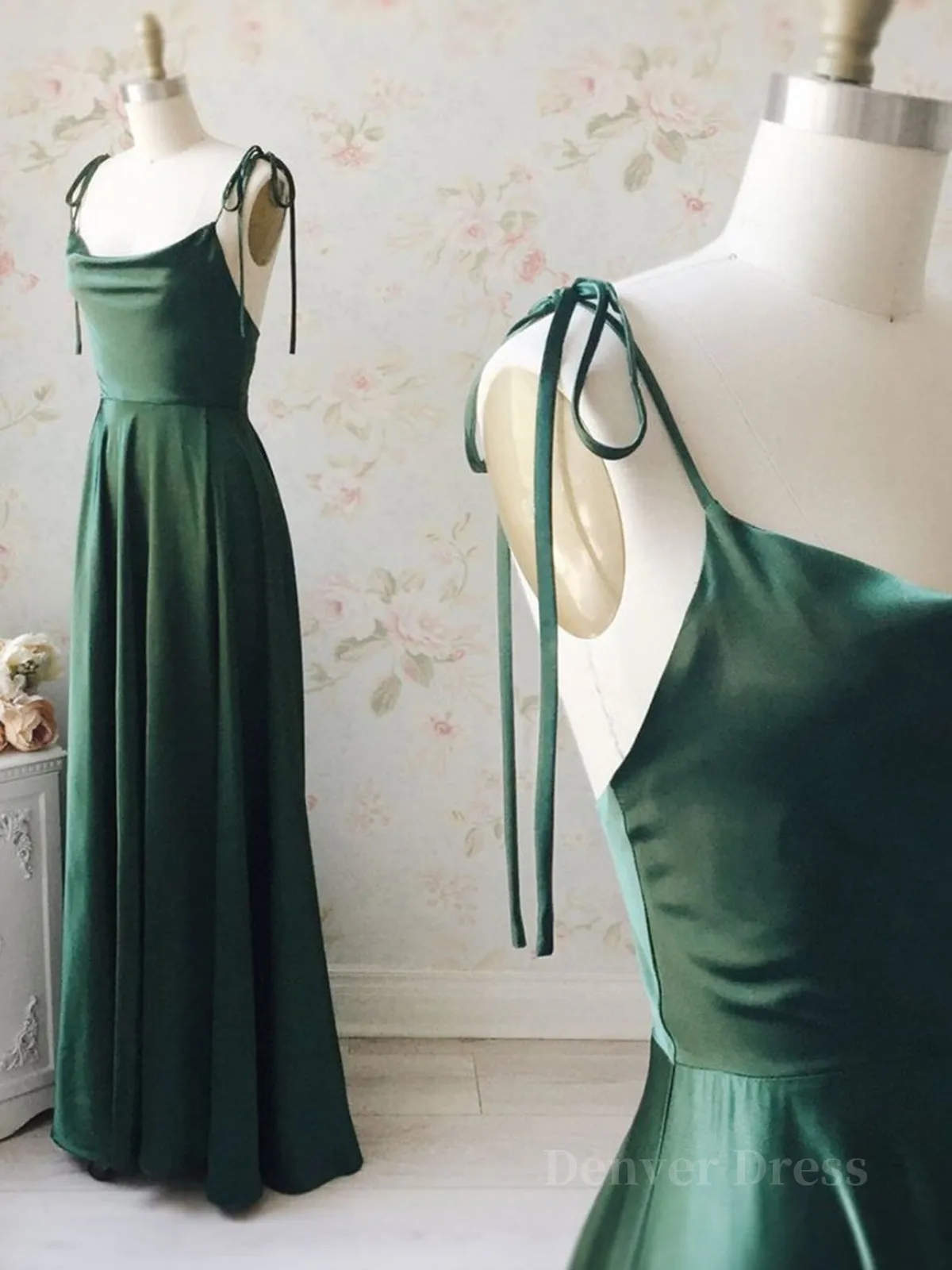 kamahe A Line Thin Straps Green Long Prom Dresses, Green Formal Graduation Evening Dresses