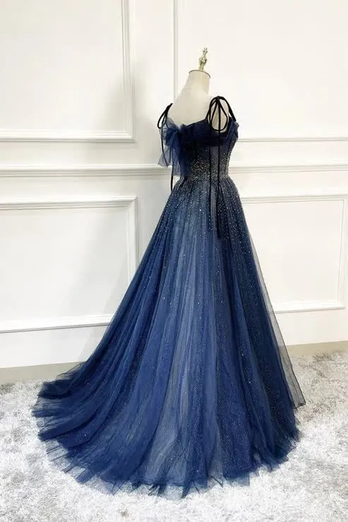 kamahe Dark Blue Tulle Sequin Long Prom Dresses A Line Birthday Party Dresses