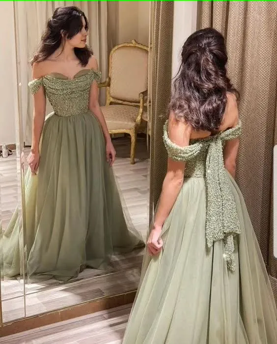 kamahe Off the Shoulder Mint Green Prom Dress Beaded Long Prom Dresses, Off Shoulder Green Long Formal Evening Dresses